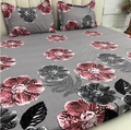 Grey pink floral fitted elastic bedsheet - with pillow covers | Premium cotton mix fabric