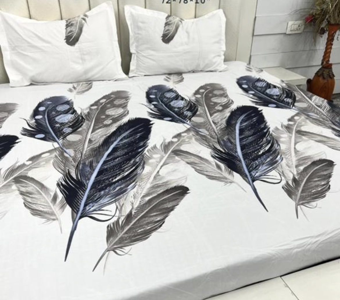 Blue Grey Leafy Elastic fitted Bedsheet with pillow covers - Premium Cotton Mix