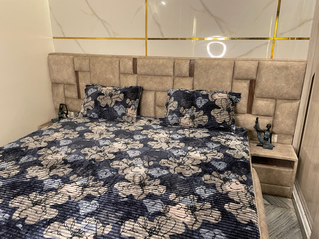 Premium Winter Elastic Fitted Bedsheet with Pillow Covers – Navy Blue Floral | Fabrics by MS