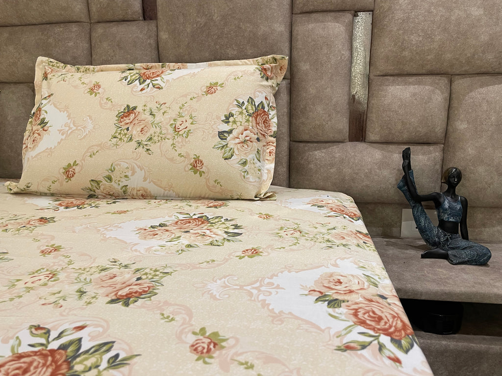 Royal Vintage Floral Elastic Fitted Bedsheet with Pillow Covers – Premium Cotton Mix