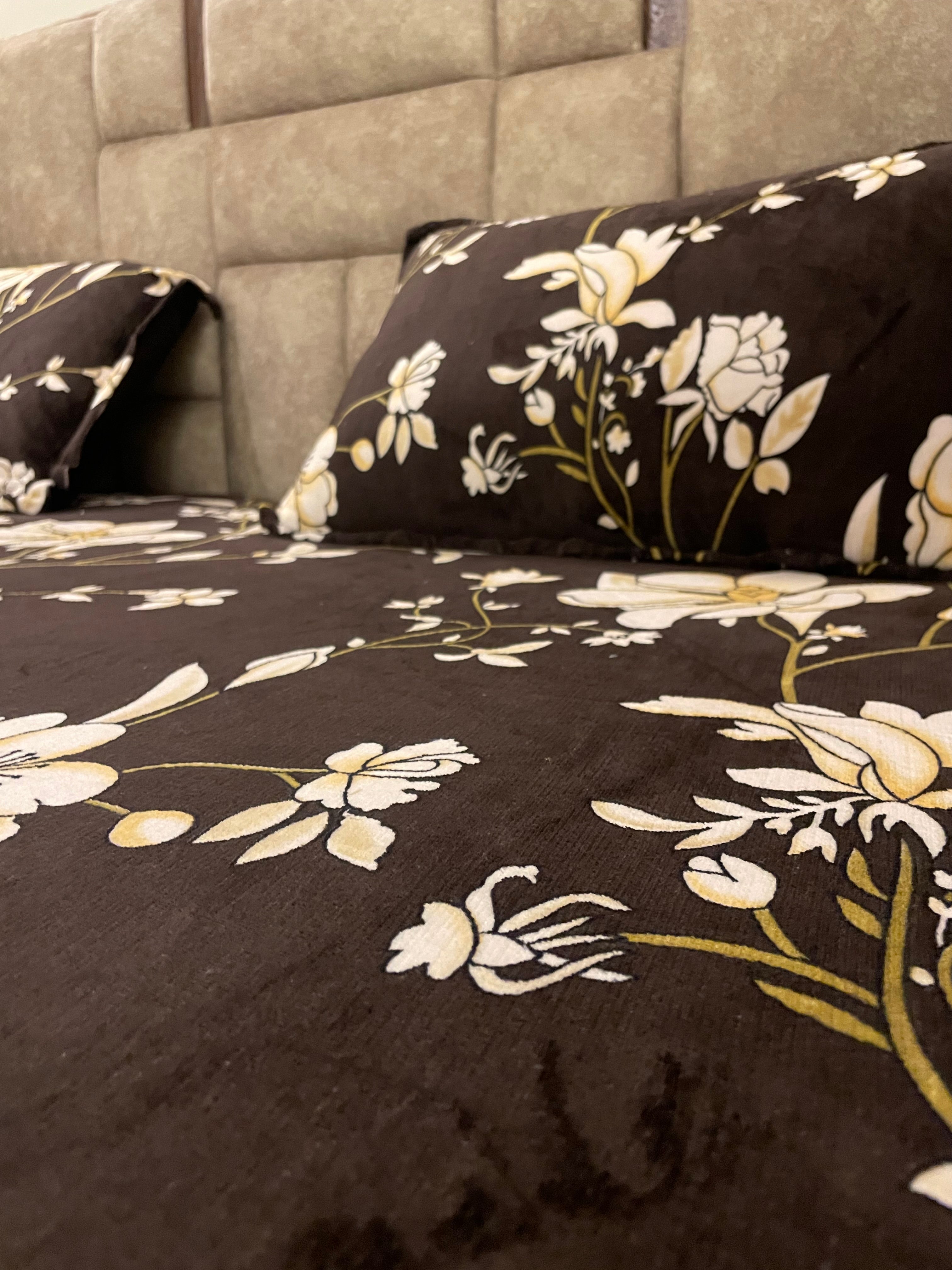 Chocolate Floral Velvet Fitted Bedsheet Set – Luxury Winter Floral Collection