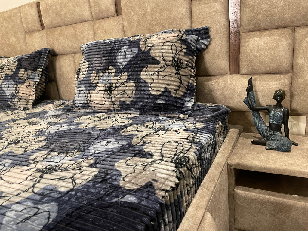 Premium Winter Elastic Fitted Bedsheet with Pillow Covers – Navy Blue Floral | Fabrics by MS