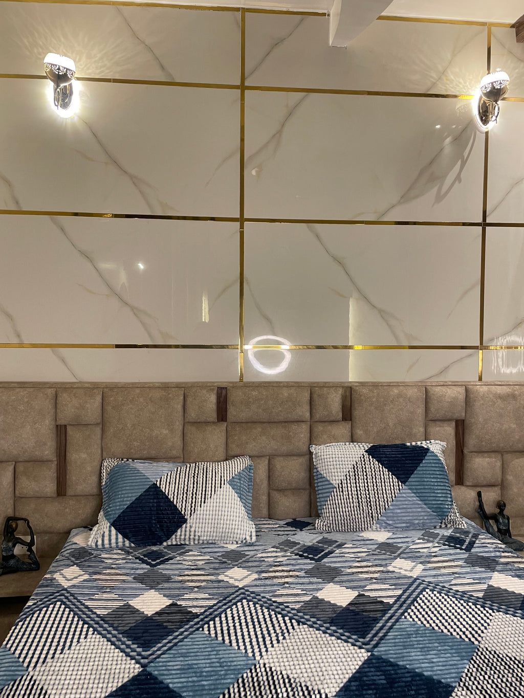 Premium Winter Elastic Fitted Bedsheet with Pillow Covers – Blue Geometric | Fabrics by MS