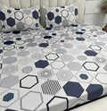 Modern Blue Geometric Elastic Fitted Bedsheet with Pillow Covers – Premium Cotton Mix