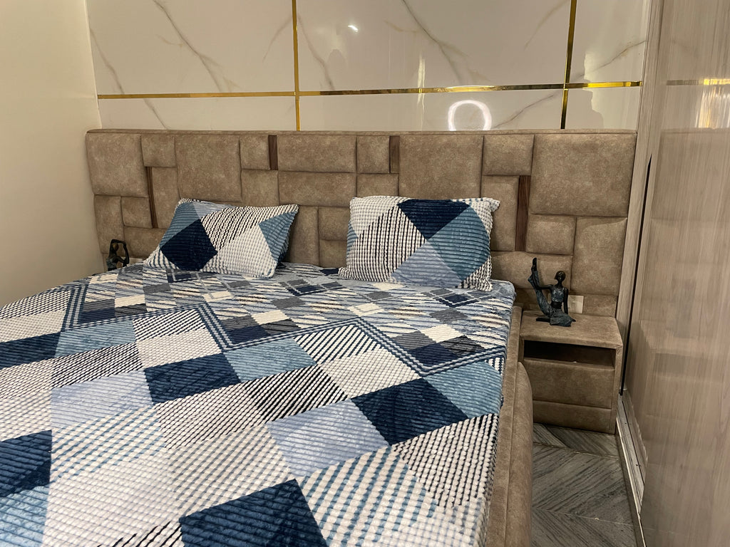 Premium Winter Elastic Fitted Bedsheet with Pillow Covers – Blue Geometric | Fabrics by MS