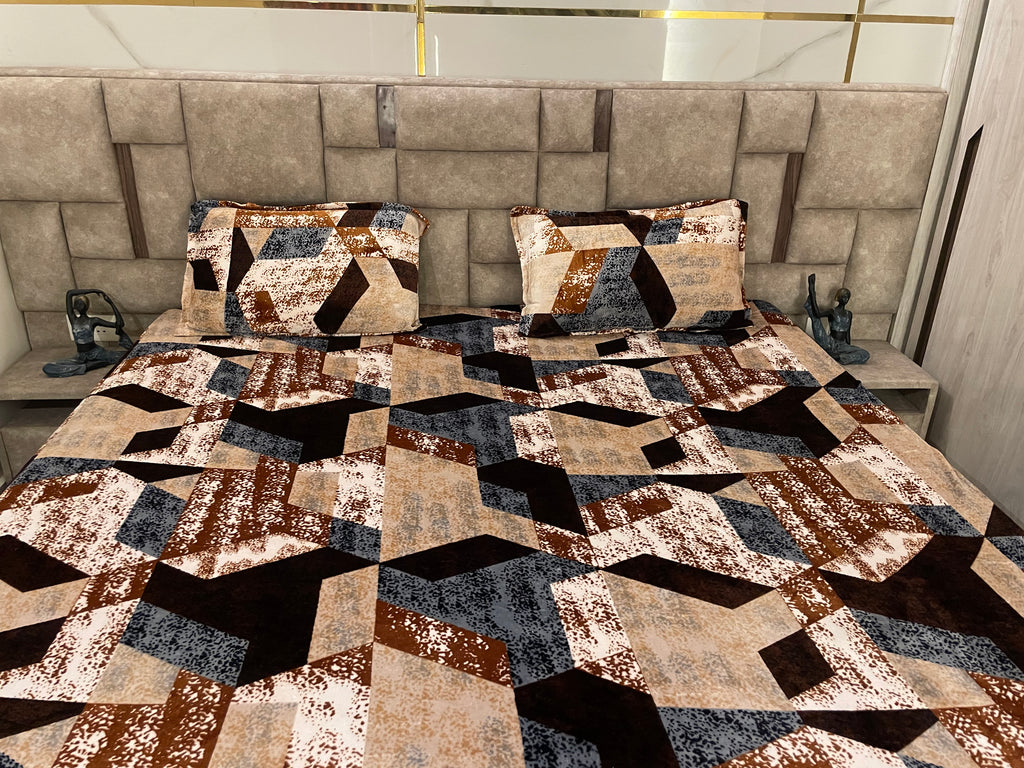 Brown Geometric Premium Velvet Fitted Bedsheet Set (Elastic Fit) – Luxury Winter Edition
