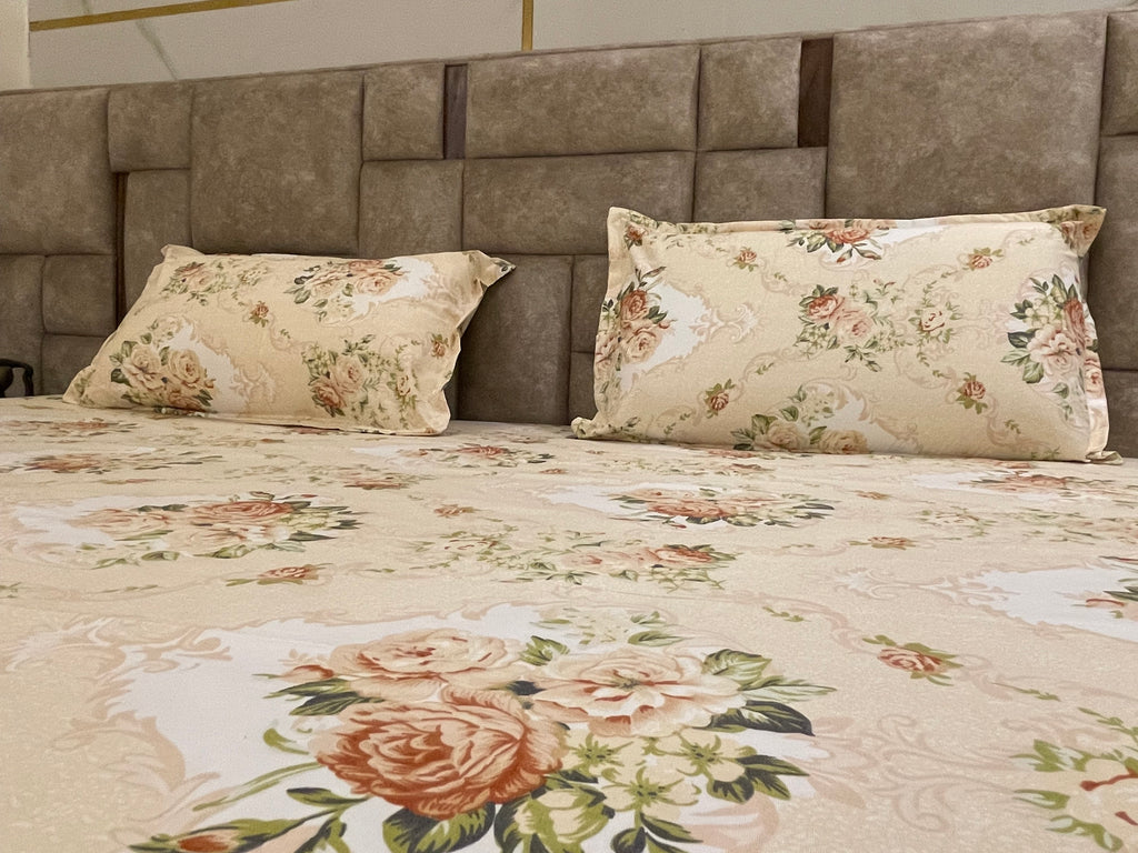 Royal Vintage Floral Elastic Fitted Bedsheet with Pillow Covers – Premium Cotton Mix