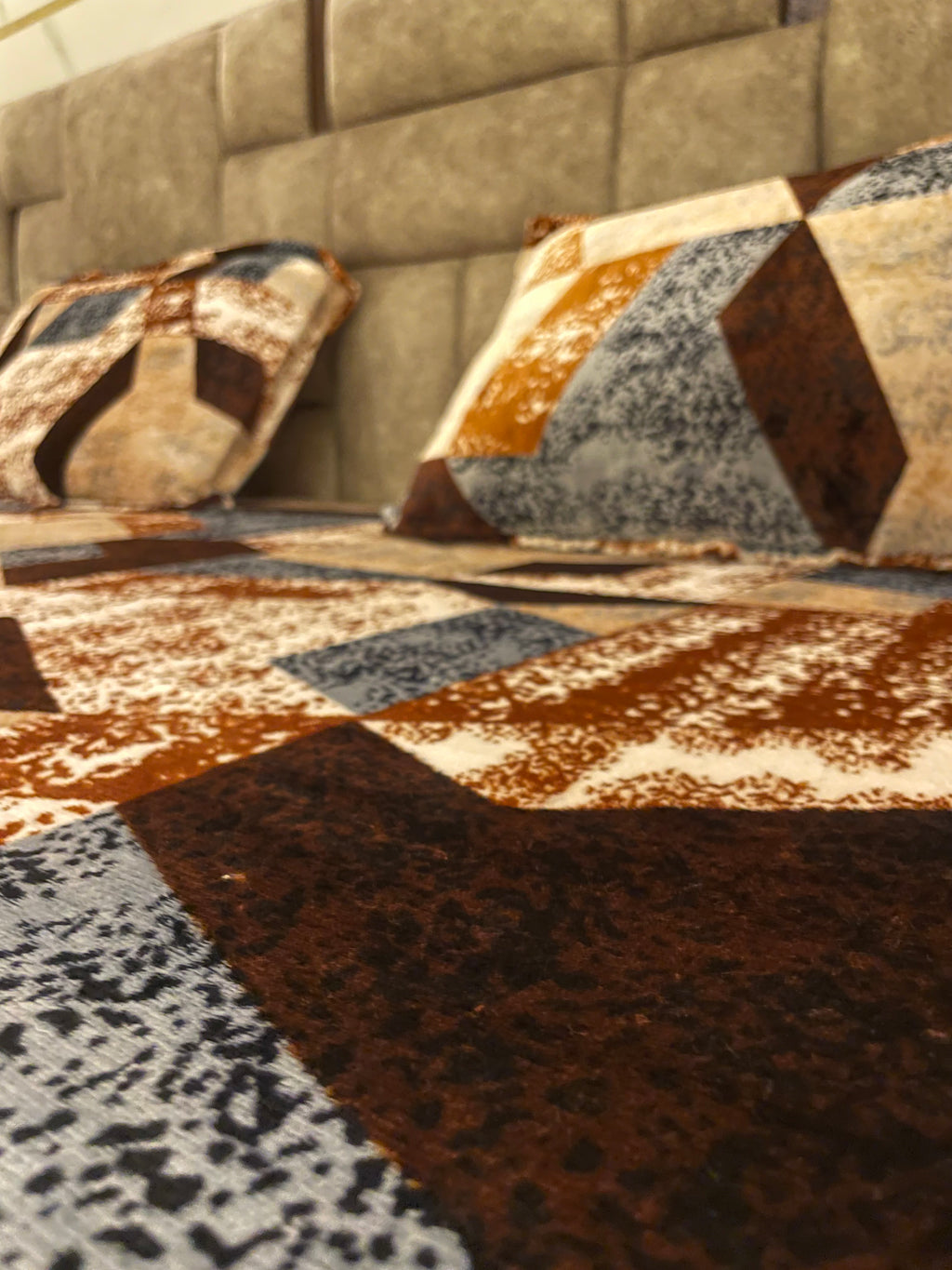 Brown Geometric Premium Velvet Fitted Bedsheet Set (Elastic Fit) – Luxury Winter Edition