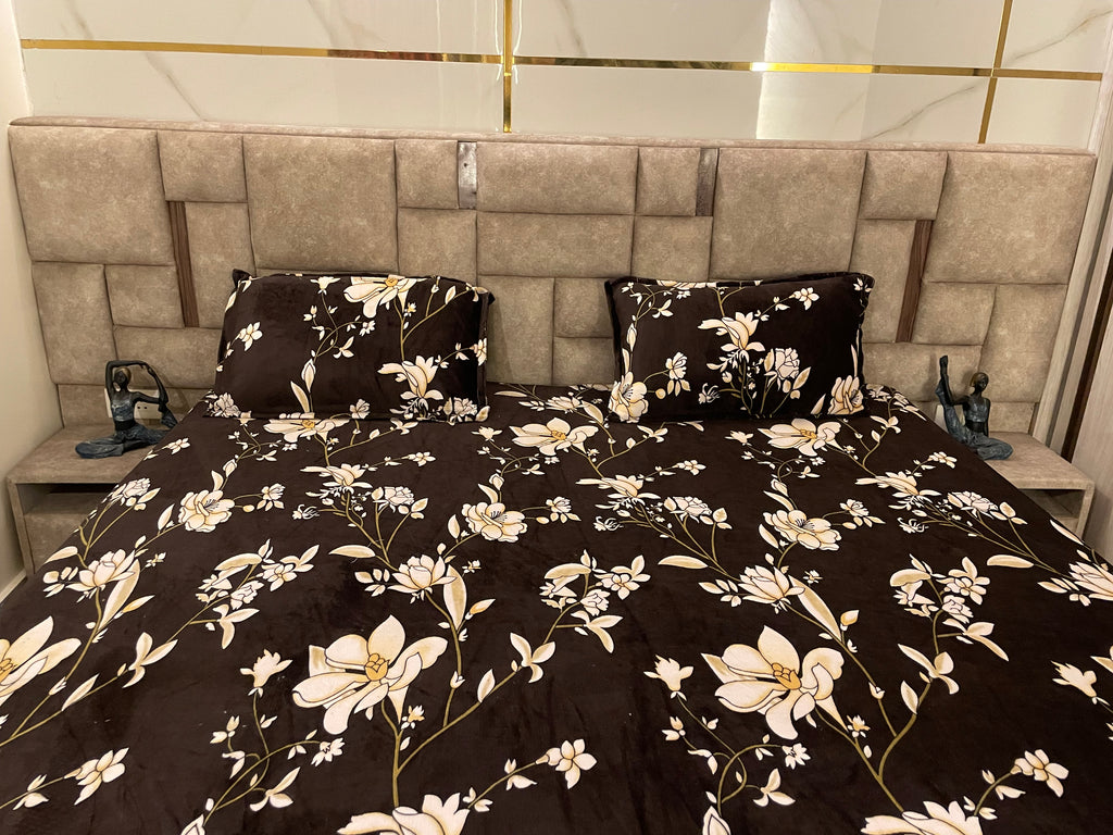 Chocolate Floral Velvet Fitted Bedsheet Set – Luxury Winter Floral Collection