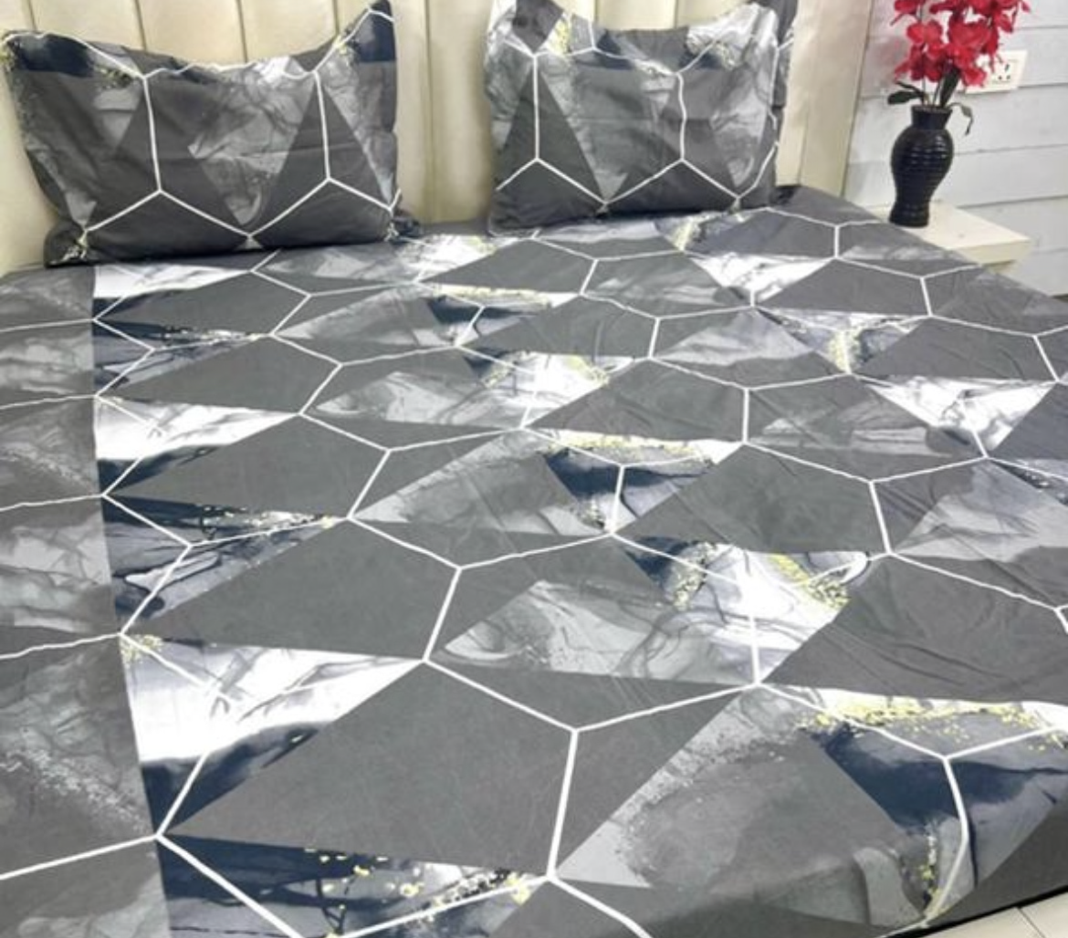 Grey cotton mix fitted elastic bedsheet with pillow covers