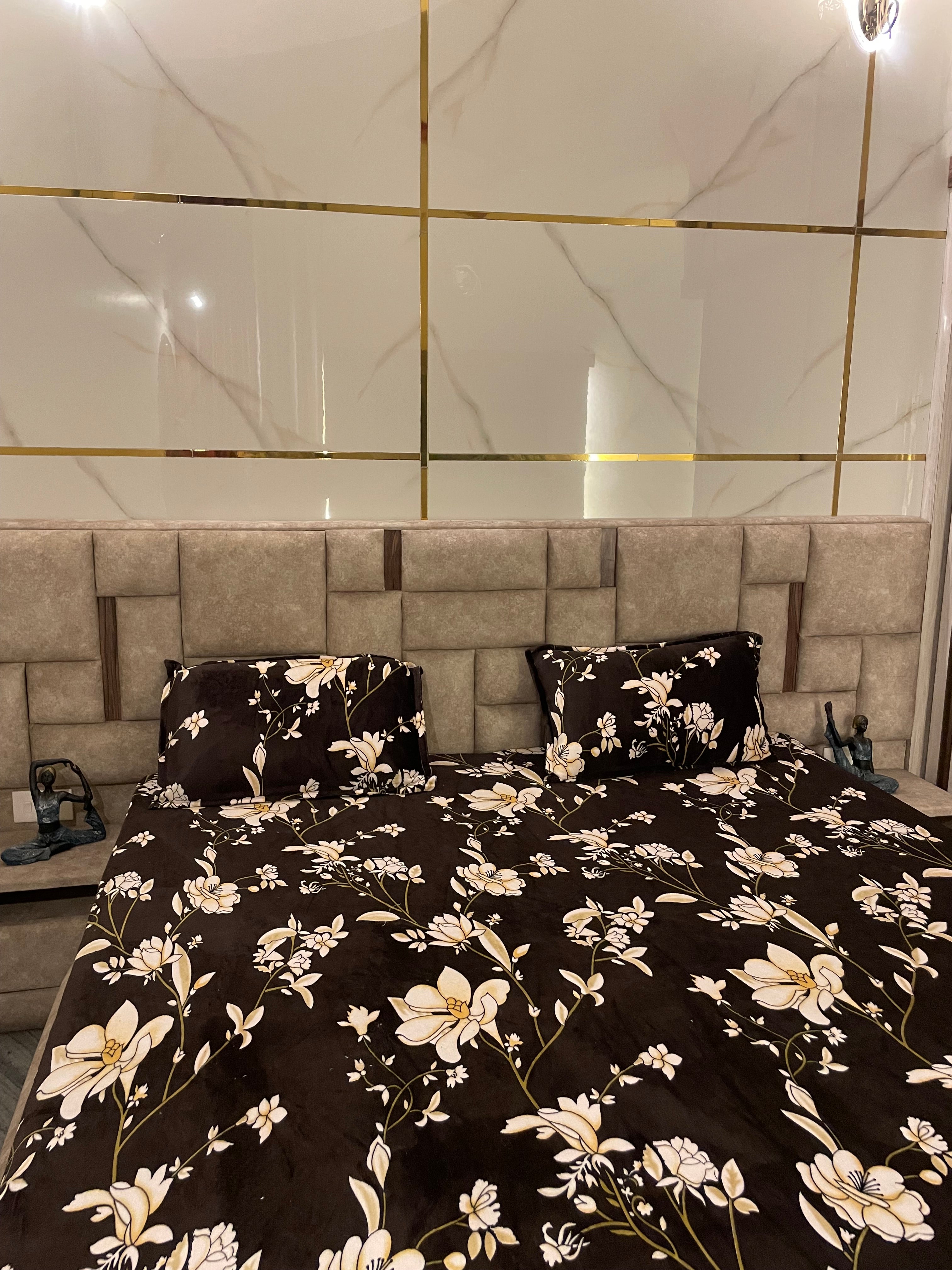 Chocolate Floral Velvet Fitted Bedsheet Set – Luxury Winter Floral Collection