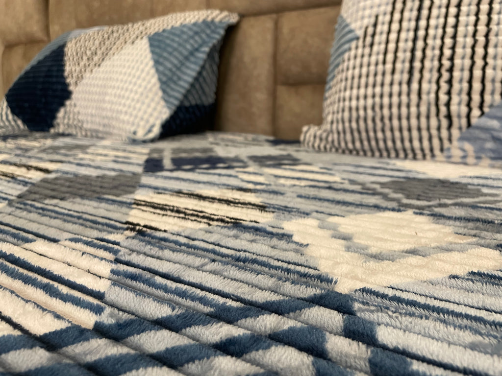 Premium Winter Elastic Fitted Bedsheet with Pillow Covers – Blue Geometric | Fabrics by MS
