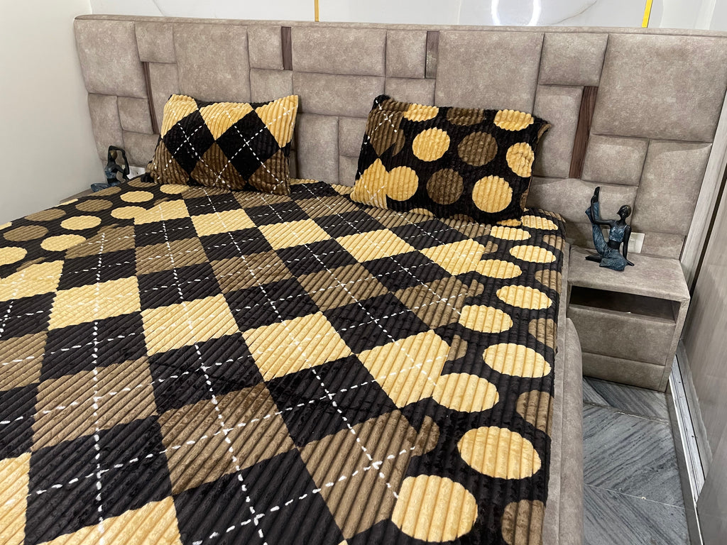 Premium Winter Elastic Fitted Bedsheet with Pillow Covers – Brown & Beige Geometric | Fabrics by MS
