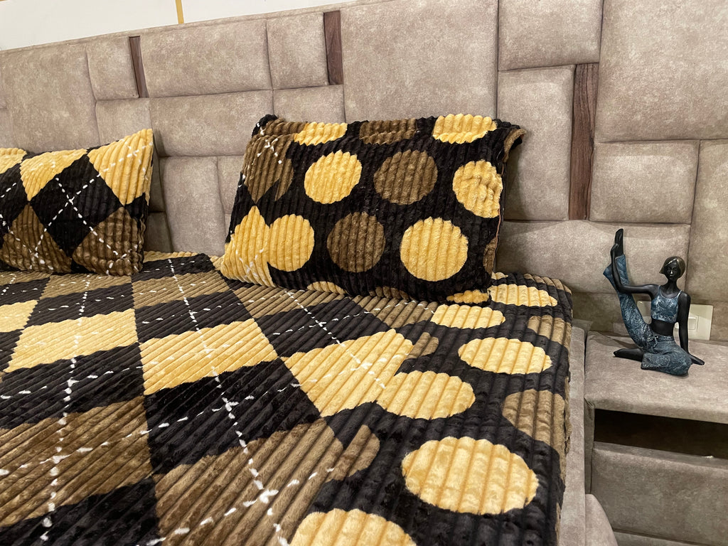 Premium Winter Elastic Fitted Bedsheet with Pillow Covers – Brown & Beige Geometric | Fabrics by MS