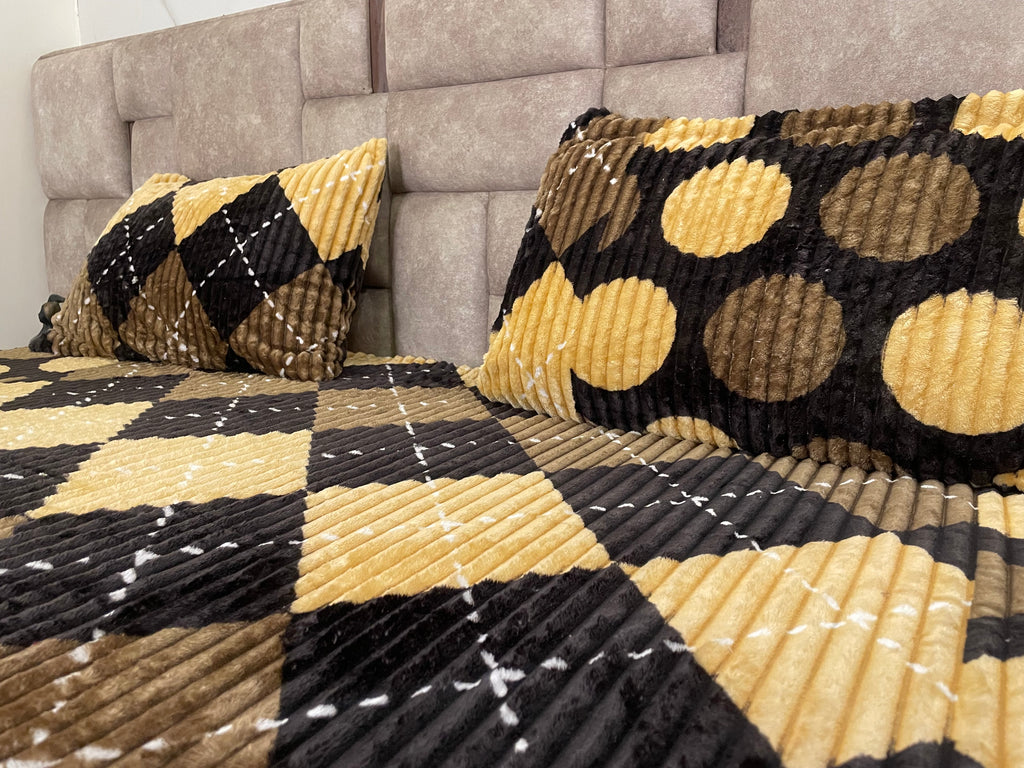 Premium Winter Elastic Fitted Bedsheet with Pillow Covers – Brown & Beige Geometric | Fabrics by MS