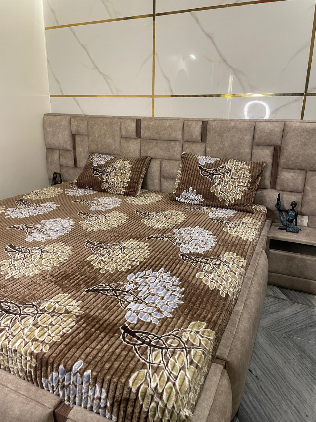 Premium Winter Elastic Fitted Bedsheet with Pillow Covers – Brown Floral | Fabrics by MS