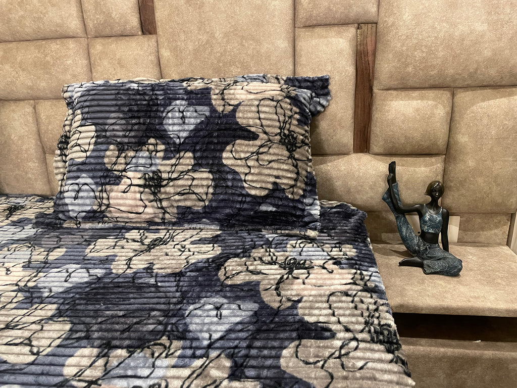 Premium Winter Elastic Fitted Bedsheet with Pillow Covers – Navy Blue Floral | Fabrics by MS