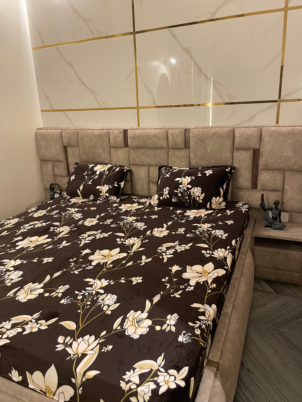 Chocolate Floral Velvet Fitted Bedsheet Set – Luxury Winter Floral Collection