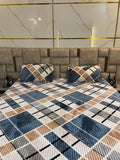 Checkered Velvet Ribbed Fitted Bedsheet Set – Blue, Beige & White | Winter Luxury Collection