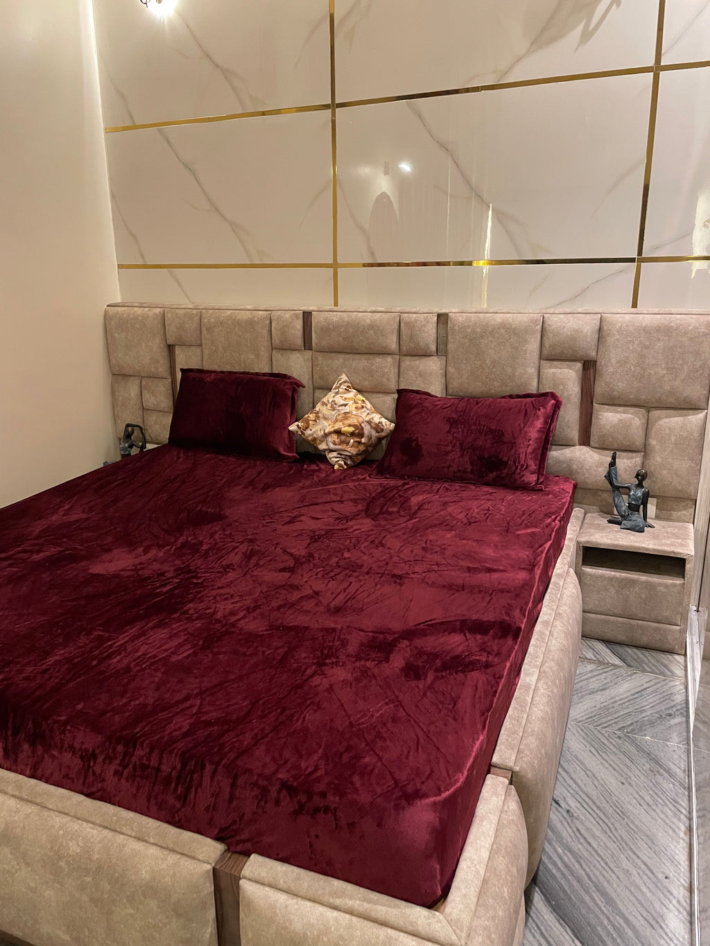 Royal Maroon Velvet Fitted Bedsheet Set