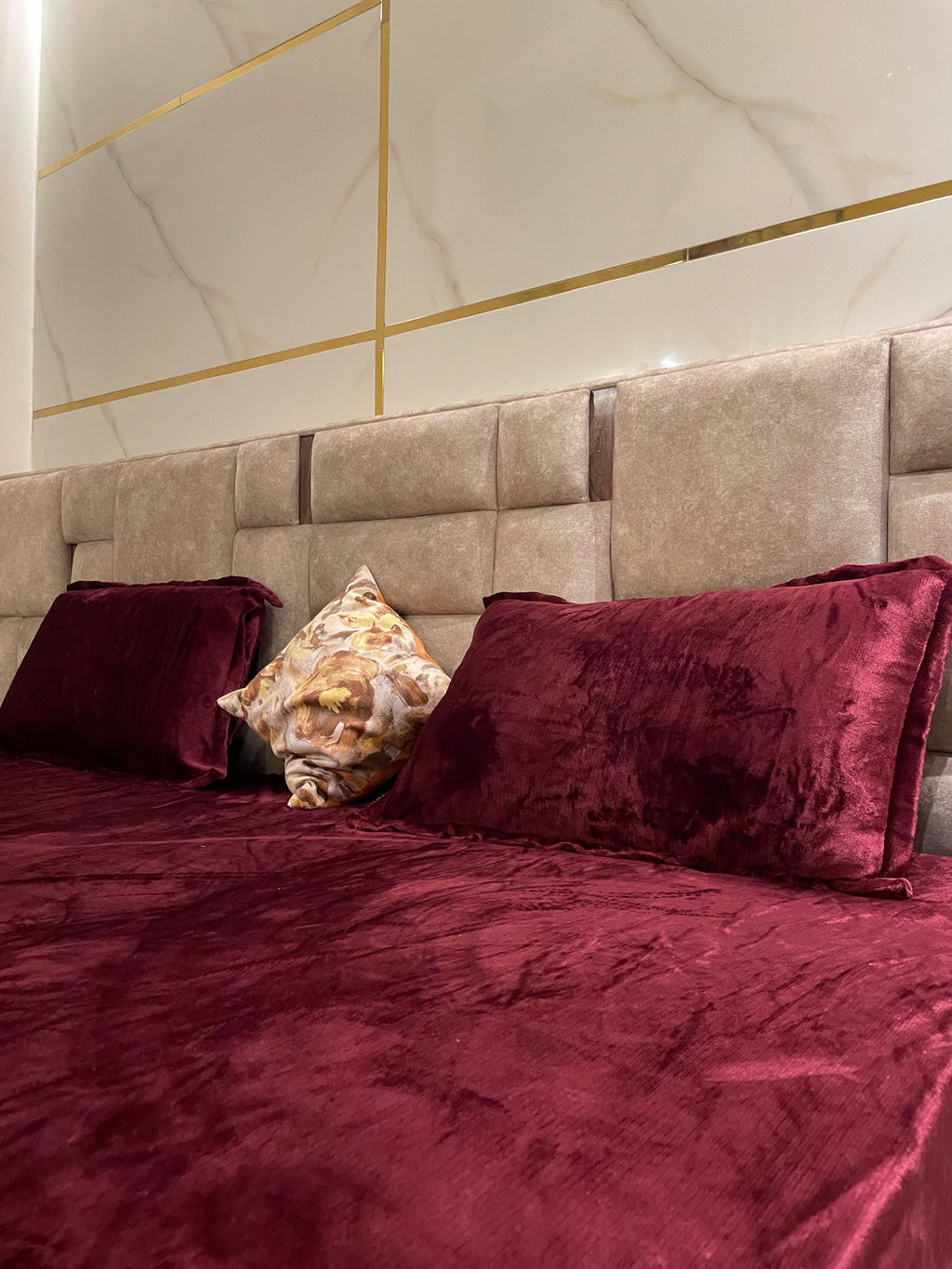 Royal Maroon Velvet Fitted Bedsheet Set