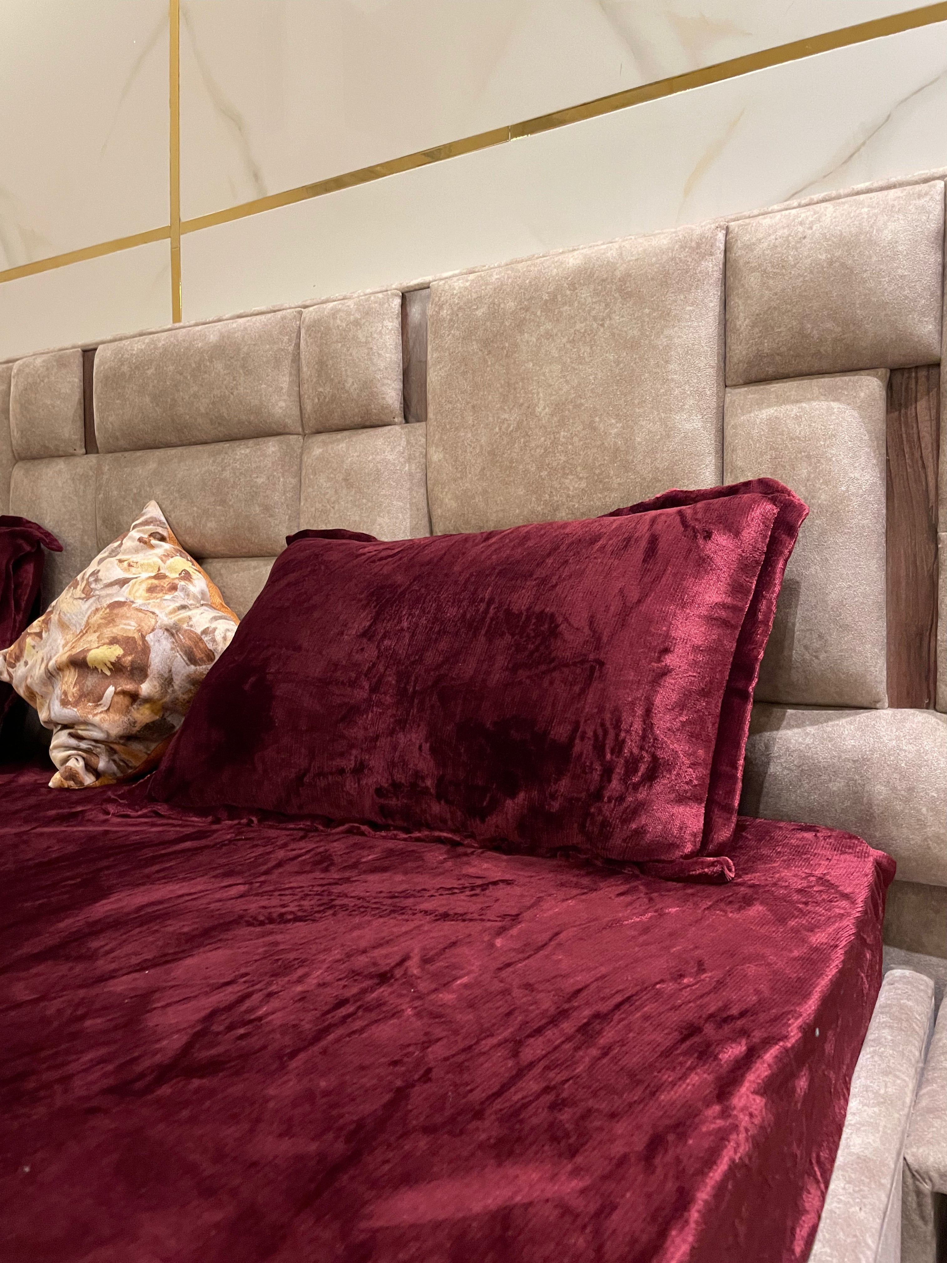 Royal Maroon Velvet Fitted Bedsheet Set