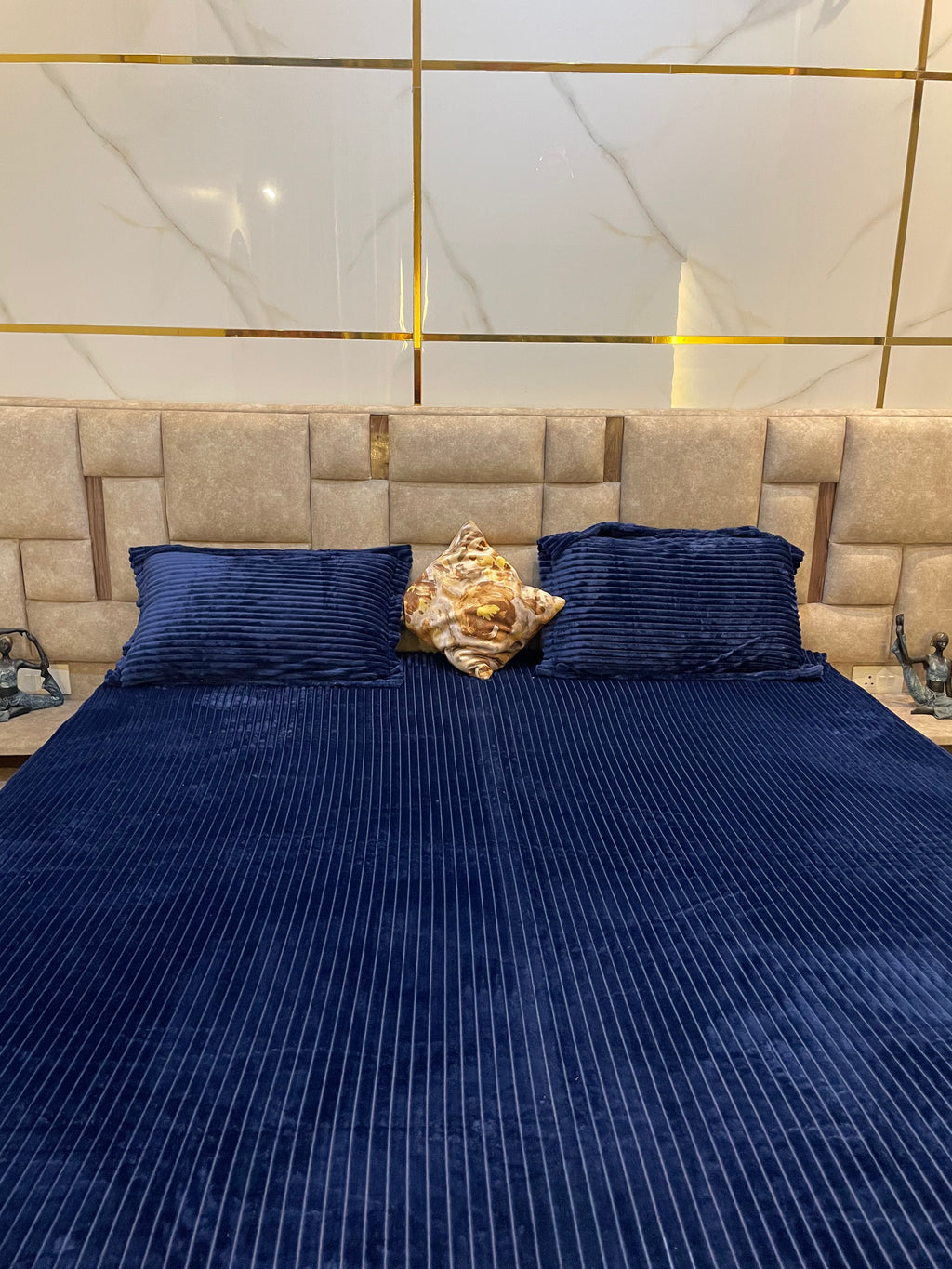 Royal Navy Blue Premium Velvet Striped Fitted Bedsheet (Elastic Fitting) – King Size
