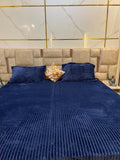 Royal Navy Blue Premium Velvet Striped Fitted Bedsheet (Elastic Fitting) – King Size