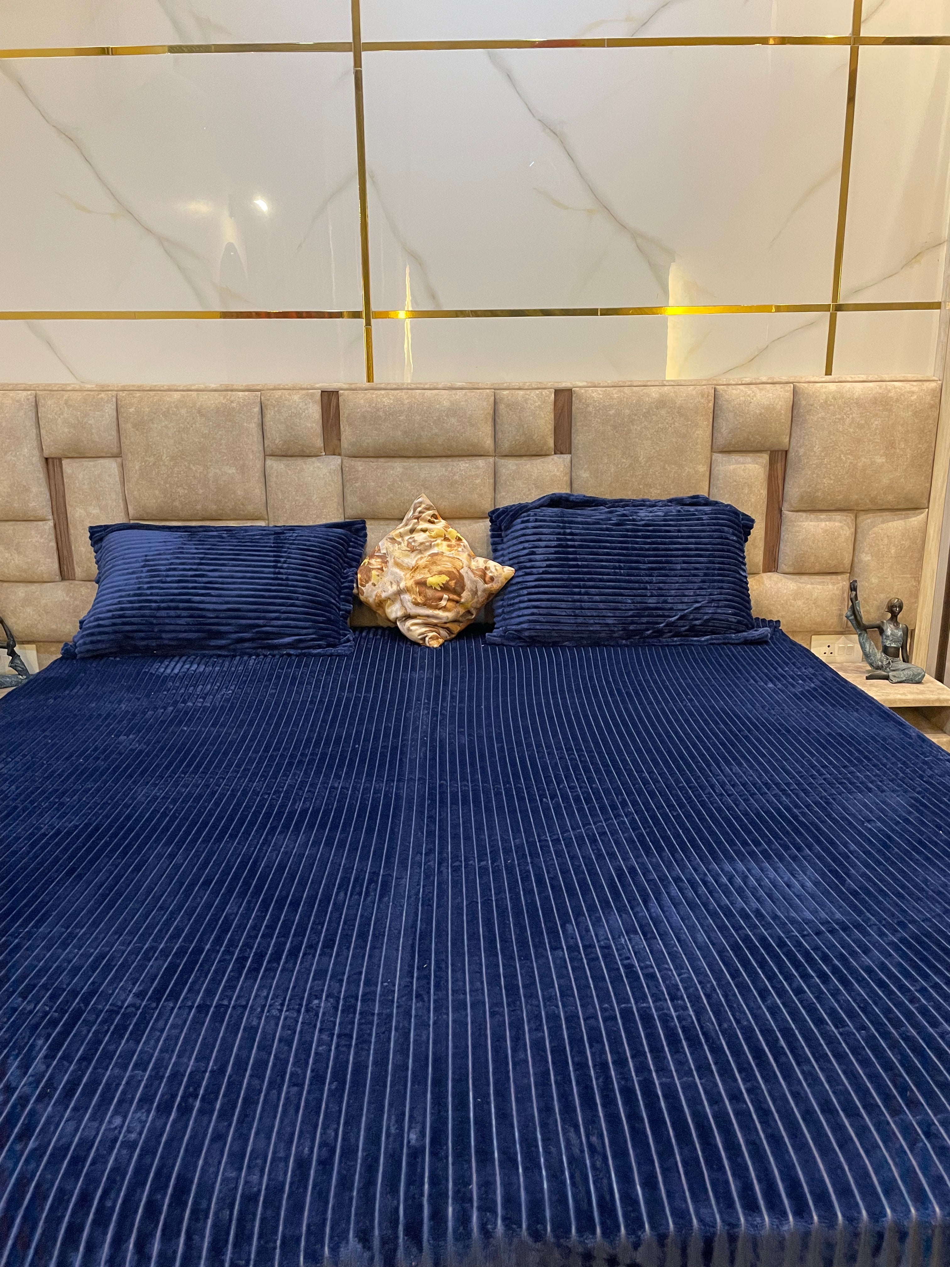 Royal Navy Blue Premium Velvet Striped Fitted Bedsheet (Elastic Fitting) – King Size